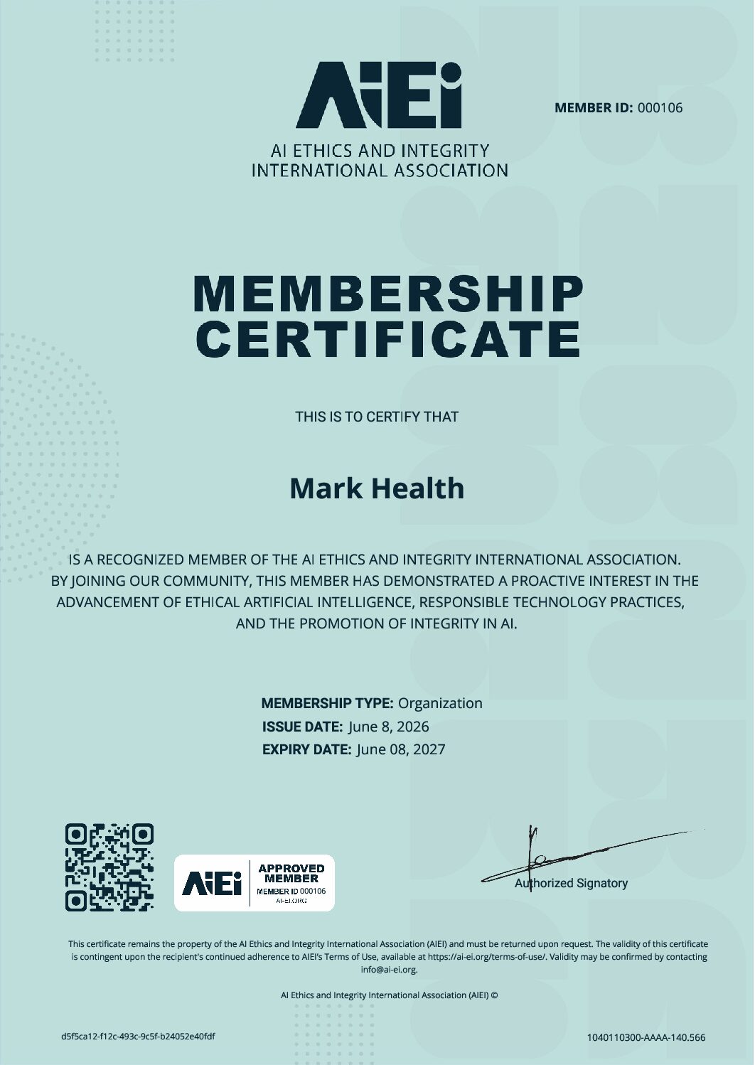 AIEI Membership Certificate - Mark Health